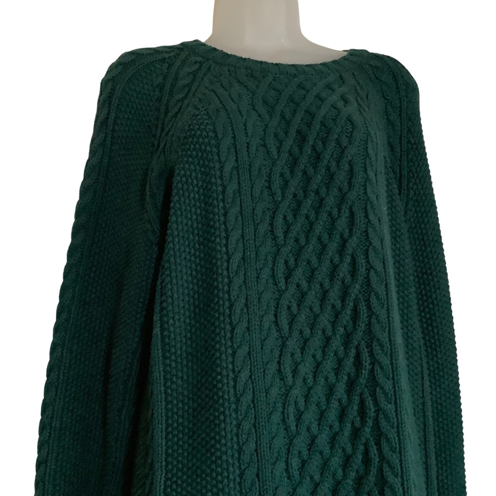 Lands End Green Cable Knit Sweater Dress Long Sleeve Crew Neck size Medium 10-12